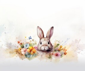 rabbit head in flowers.  watercolor. copy space