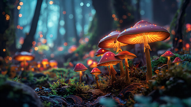 Magisches Pilzgl&uuml;hen in mystischem Wald.