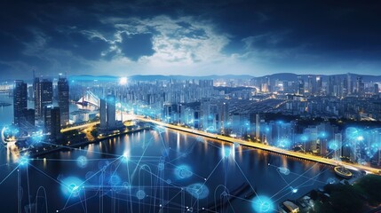 Smart city and intelligent communication network, night city, wireless connection technology concept, future technology concept