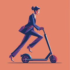 Businesswoman rides electric scooter in style. Modern female in suit on e-scooter. Urban eco-friendly transportation vector illustration.