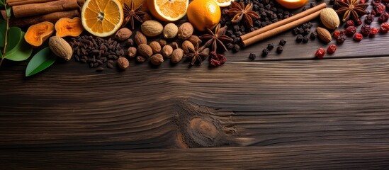 Dried fruit and spice arrangement for healthy drink preparation, space for text on boards.
