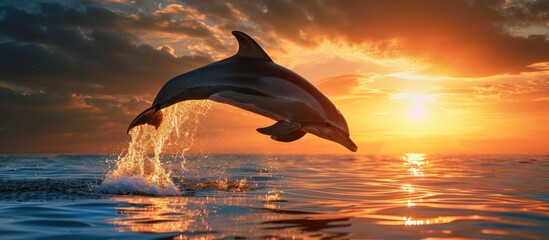 Fototapeta premium Stunning dolphin leaping from sunset sea.
