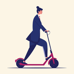 Businesswoman riding electric scooter, modern female executive in suit, smiling professional on e-scooter. Eco-friendly commute, urban lifestyle vector illustration.