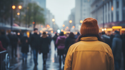 a person in a yellow jacket and a hat is walking down a street with a lot of people - obrazy, fototapety, plakaty