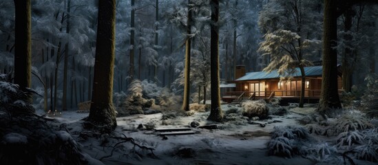 Snow-covered surroundings and wooded cabin create a serene woodsy scene.