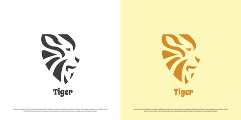 Tiger head logo design illustration. Silhouette shadow animal face shape tiger howling forest wild zoo badge emblem african brand carnivore fang. Abstract geometric minimal simple flat icon symbol.