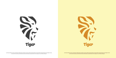 Tiger head logo design illustration. Silhouette shadow animal face shape tiger howling forest wild zoo badge emblem african brand carnivore fang. Abstract geometric minimal simple flat icon symbol. © Morvana
