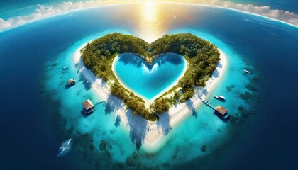 Top wiev exotic island in the shape of a heart. Travel concept	
