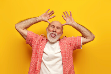 cheerful old bald grandfather in summer shirt is fooling around and shows his tongue and horns on yellow isolated background, crazy elderly pensioner is grimacing and joking - obrazy, fototapety, plakaty