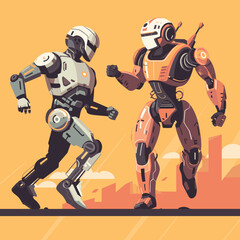 Two futuristic robots running, one white and one orange, in a race against a city skyline backdrop. Athletic robots competition concept vector illustration.