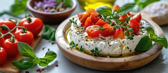 Middle Eastern appetizer with goat milk cheese, olive oil, hyssop or zaatar, served with fresh vegetables on a wooden plate. - obrazy, fototapety, plakaty