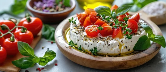  Middle Eastern appetizer with goat milk cheese, olive oil, hyssop or zaatar, served with fresh vegetables on a wooden plate. © AkuAku