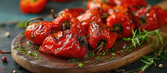 Roasted red bell peppers on a wooden board, rustically displayed.
