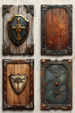 Shields, illustration of a game sprite sheet featuring four card backs for a fantasy themed card asset isolated on a solid background