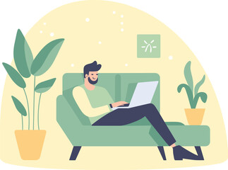 Caucasian man sitting on green sofa working on laptop at home. Casual remote work, cozy indoor setting with plants. Freelancer in home office vector illustration.