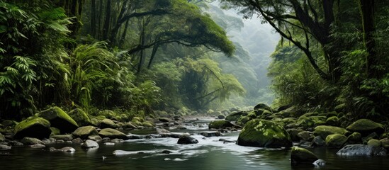 Naklejka premium Stream in montane rainforest with high biodiversity in southern Ecuador at 1,900m elevation.
