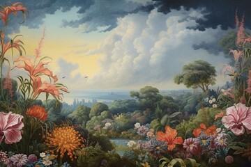 Fototapeta na wymiar A painting portraying a scenic sky adorned with clouds and flowers in the foreground. Generative AI