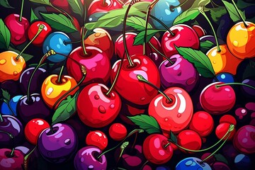 Colorful cartoon illustration of cherries, fruits, and vegetables on a digital art background. Generative AI