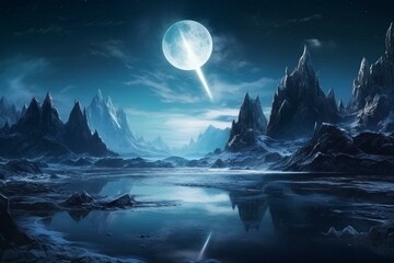 Night mountain landscape with stone portals to another realm. Cold planet scenery with moonlight reflecting in the water. Generative AI