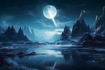 Foto op Plexiglas Night mountain landscape with stone portals to another realm. Cold planet scenery with moonlight reflecting in the water. Generative AI © Vesper