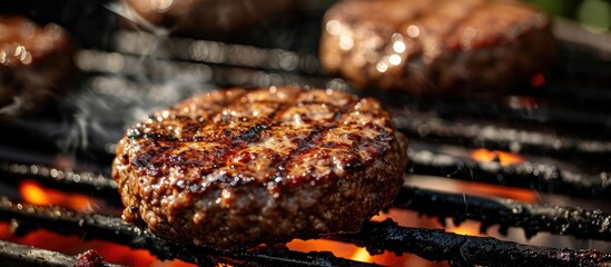 Close-up view of grilled homemade beef hamburger patties cooking on charcoal barbecue grates at a...