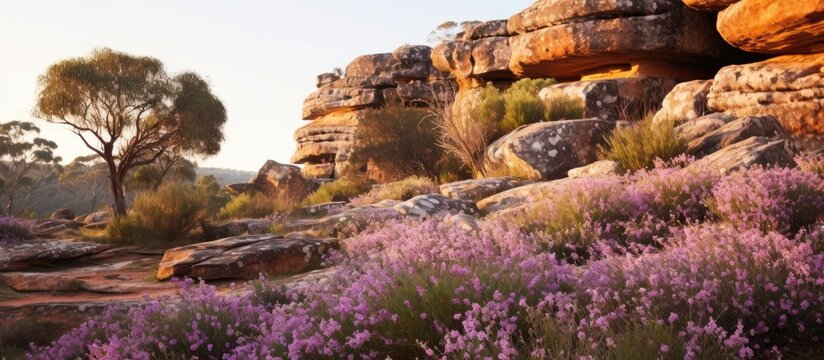 Flowering Australian sandstone heath in Sydney region, NSW, with Dillwynia and Boronia wildflowers.