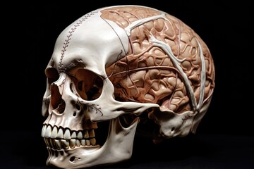 Human Skull head anatomy, cranium, pate, crossbones. Utilizing X-ray with contrast agents, ionizing radiation absorption and beam technology. Soft tissue and bone density radiolucent radiopaque mind - obrazy, fototapety, plakaty