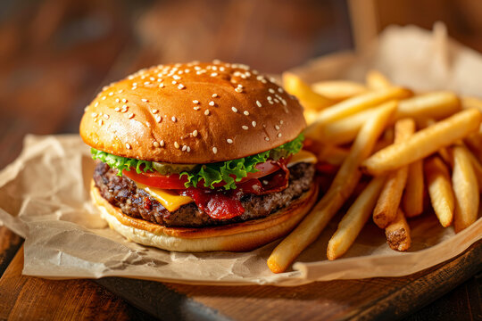 Burger and fries combo, a classic image featuring a delicious burger paired with golden crispy fries.