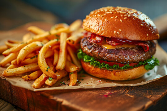 Burger and fries combo, a classic image featuring a delicious burger paired with golden crispy fries.