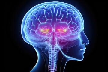 Brain diagnostic techniques, including X-ray, CT scan (Computed Tomography), Hounsfield units (HU) and radiography. Precise human head, medical and diagnostic imaging through cranial and skull X-rays.