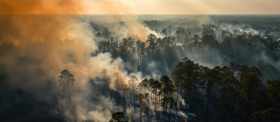 Controlled burn performed by state forest service in smoky southeastern North Carolina forest, seen from above. - obrazy, fototapety, plakaty