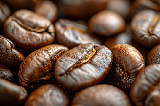 Coffee beans close-up, a macro image highlighting the texture and details of freshly roasted coffee beans.
