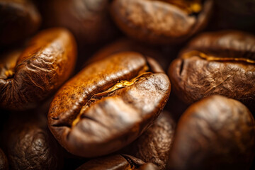 Fototapeta premium Coffee beans close-up, a macro image highlighting the texture and details of freshly roasted coffee beans.