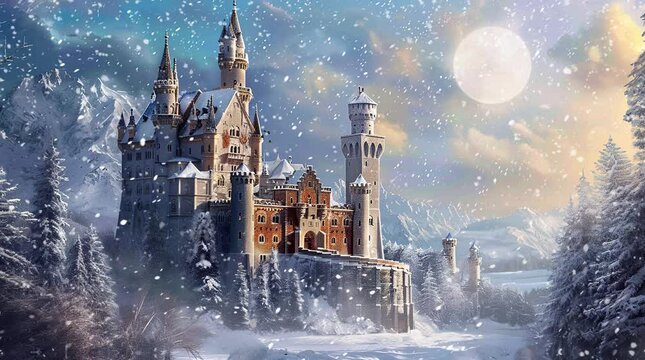A fairytale castle silhouette on a hill surrounded by fir trees covered in swirling clouds and snow flakes, Seamless looping 4k time-lapse virtual video animation background. Generated AI