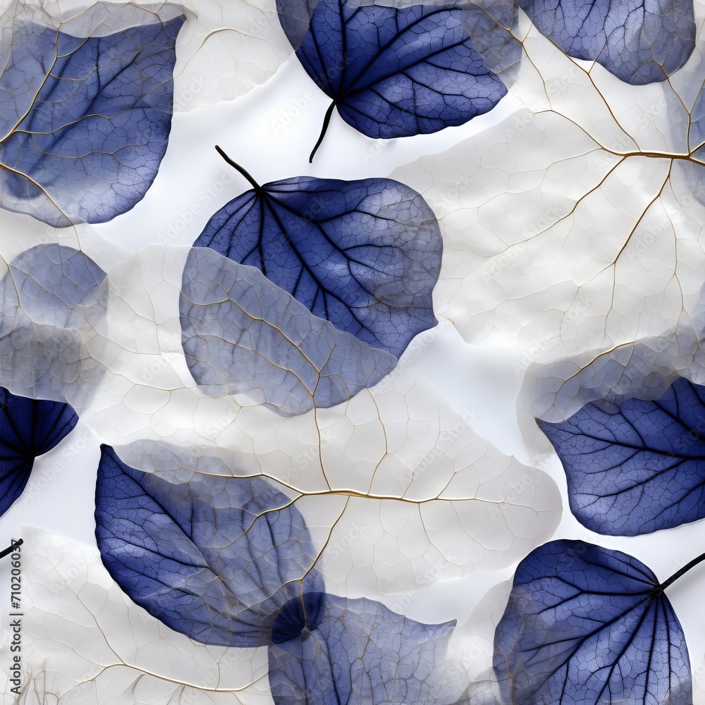Poster seamless pattern of delicate blue foliage skeleton with a translucent texture on a white background