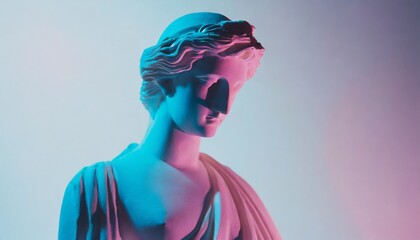 Gypsum statue of Apollo's bust. Statue vapor wave background concept.	