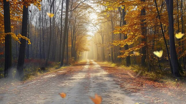 road between trees in autumn forest Seamless looping 4k time-lapse virtual video animation background. Generated AI