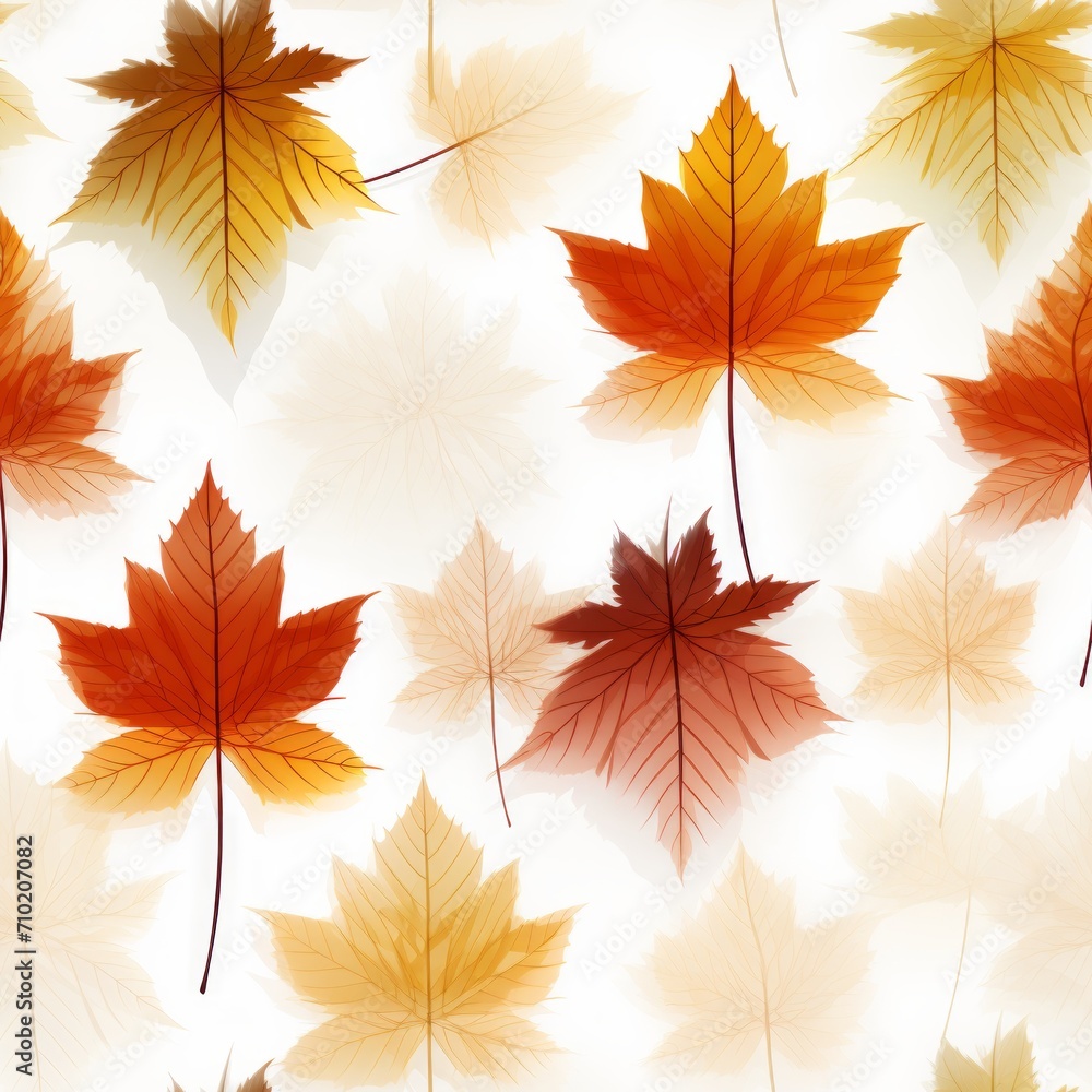 Poster seamless pattern with autumn colors foliage skeleton as a translucent texture on a white background