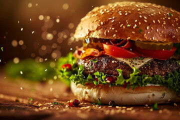 Gourmet burger assembly, a dynamic image showcasing the meticulous assembly of a gourmet burger...