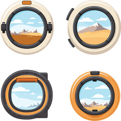 Fototapeta premium Set of four spaceship porthole views with different landscapes. Space adventure and outer space travel vector illustration.