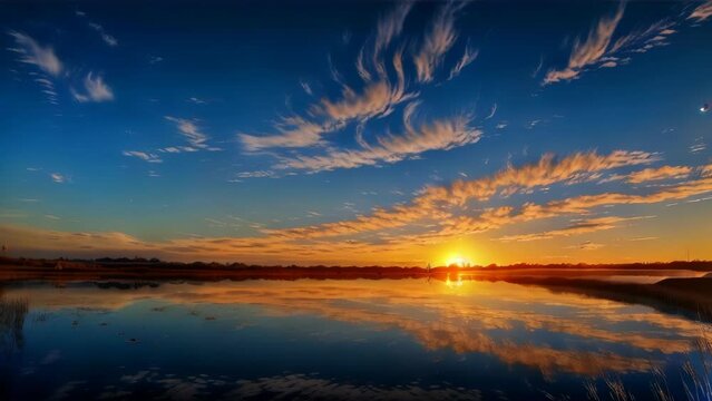 The sunset reflected on a tranquil lake with a sky covered by colorful clouds.
