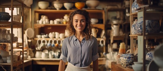 Content and context shifted by combining elements: Young successful female potter joyfully showcasing her handmade ceramic products in her shop, running a creative small business.