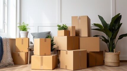 Moving to new home  donation concept   stack of cardboard boxes with cat sitting in empty box