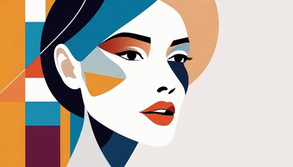  Abstract woman face colorful. Feminine abstraction poster in colorful pallette. Creative geometric female pattern in cubism style.