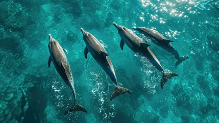 Obraz premium Photo of four dolphins swimming gracefully through turquoise waters. The water is so clear that the bodies of the dolphins are visible from above the surface Ai Generated