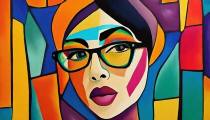 Abstract woman face colorful. Feminine abstraction poster in colorful pallette. Creative geometric female pattern in cubism style.