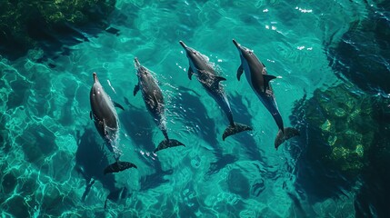 Fototapeta na wymiar Photo of four dolphins swimming gracefully through turquoise waters. The water is so clear that the bodies of the dolphins are visible from above the surface Ai Generated