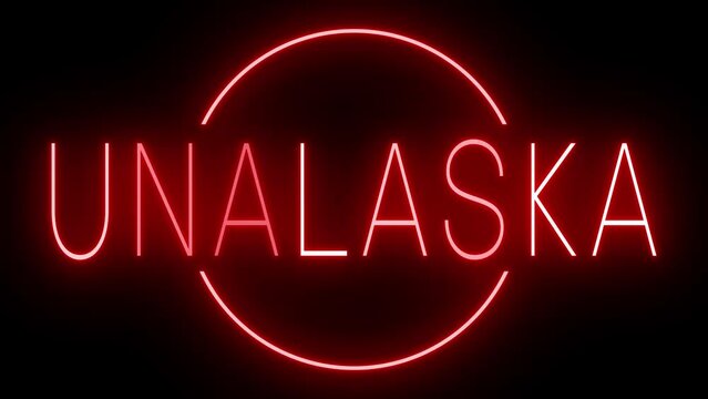 Flickering red retro style neon sign glowing against a black background for UNALASKA