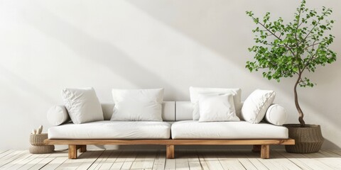 Fototapeta na wymiar Minimalist Nordic Living Room with Rustic Sofa, Potted Tree, and Copy Space Against Wooden Wall