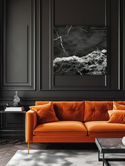 Modern Black and Orange Living Room Interior Design with Luxurious Velvet Sofa and Artistic Decor